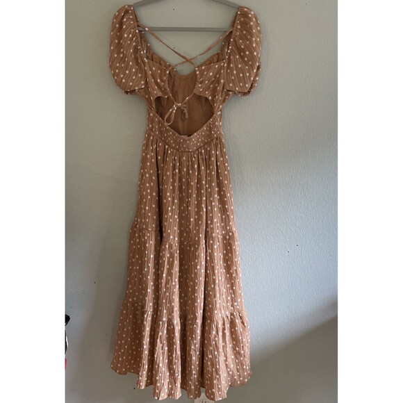 American Eagle Polka Dot Maxi Dress Tan Puff Sleeve NWT XS - Picture 7 of 11